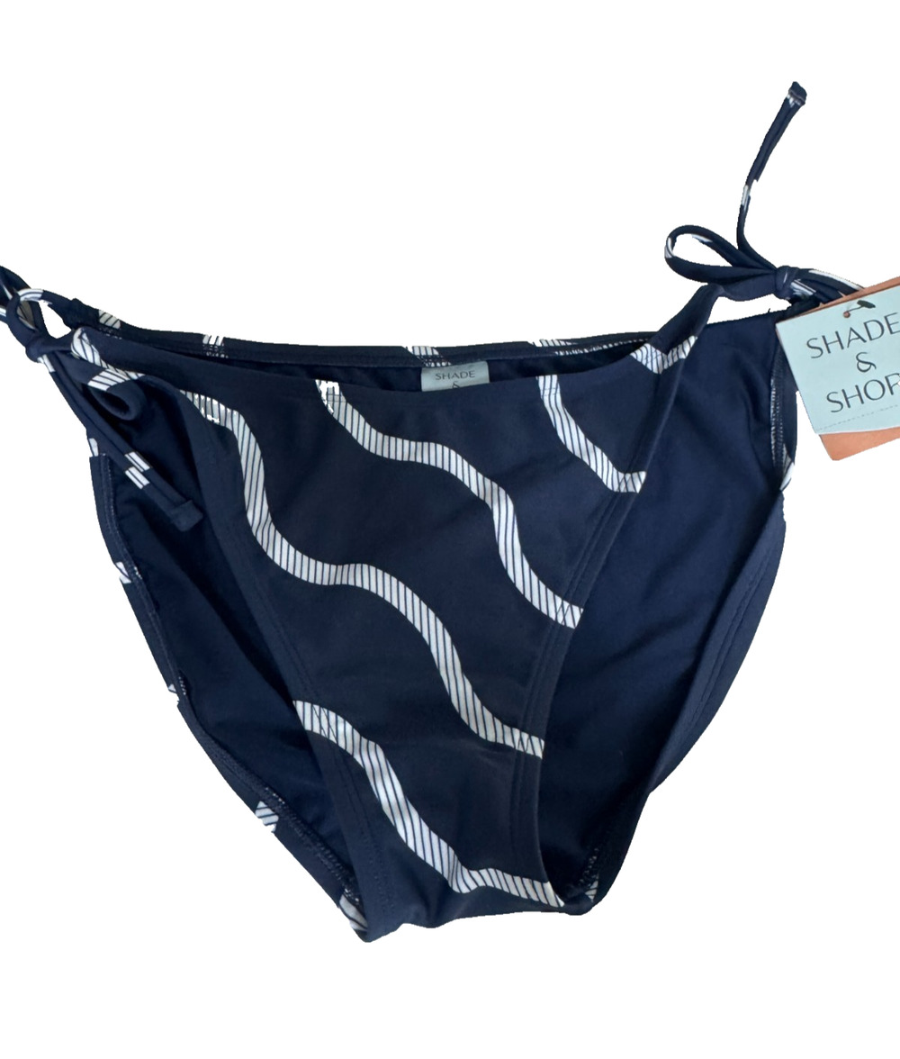 Shade & Shore Women's Striped Side-Tie High Leg Medium Coverage Bottom Blue L